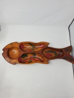 Hand-Carved Wooden Serving Tray with Painted Floral Inlay - Brown